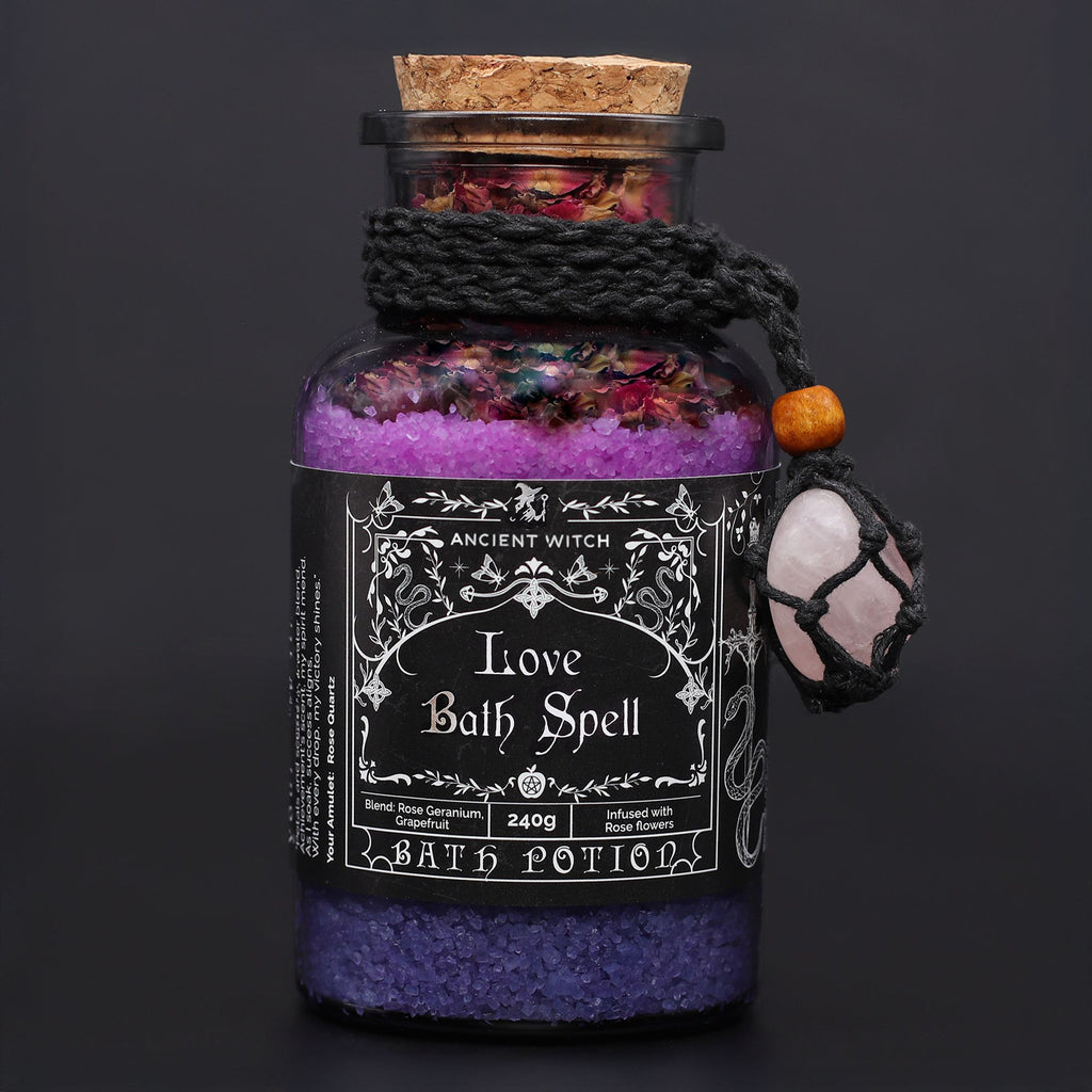 Antiguo hechizo de baño de bruja, poción y amuleto de cristal de cuarzo rosa - Amor