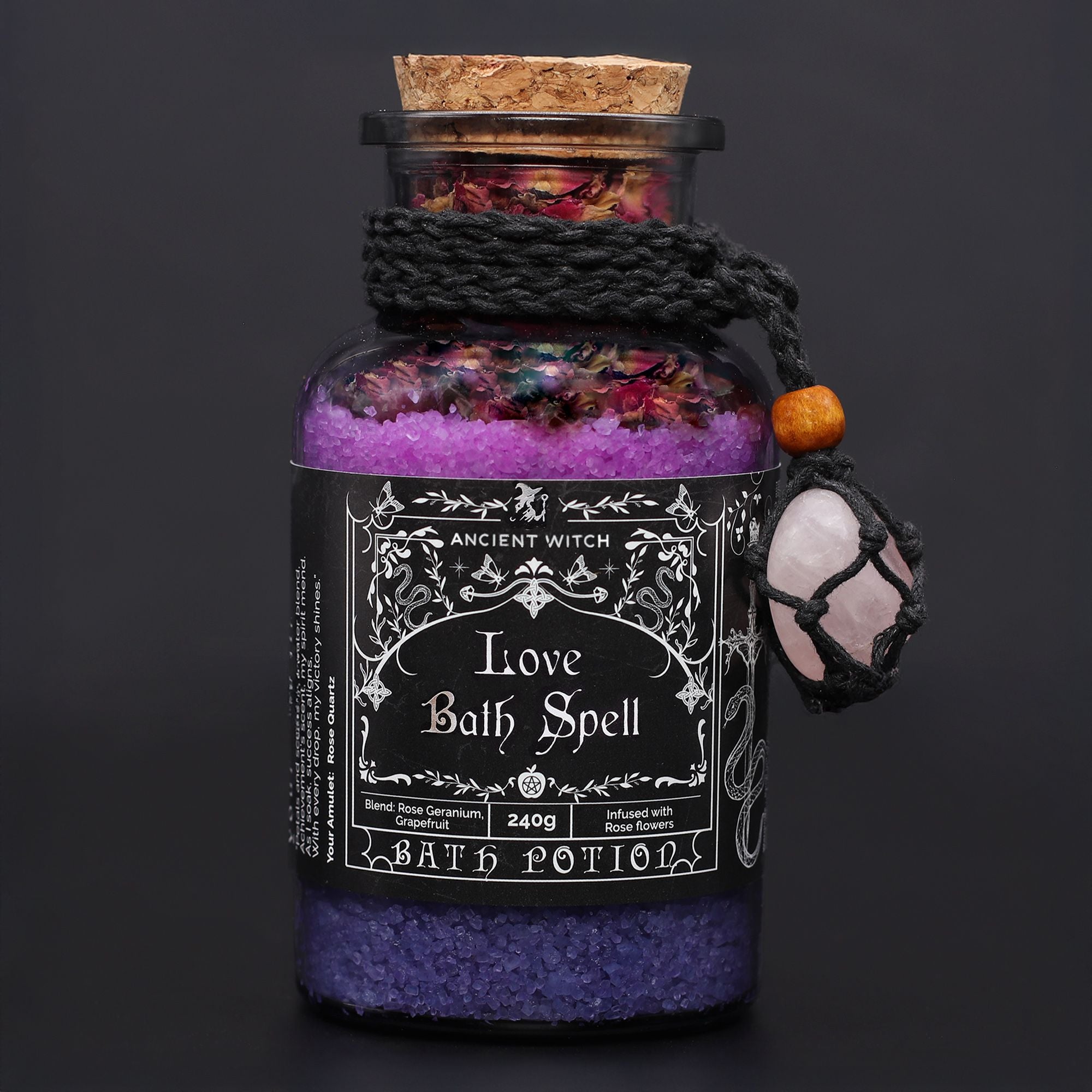 Antiguo hechizo de baño de bruja, poción y amuleto de cristal de cuarzo rosa - Amor