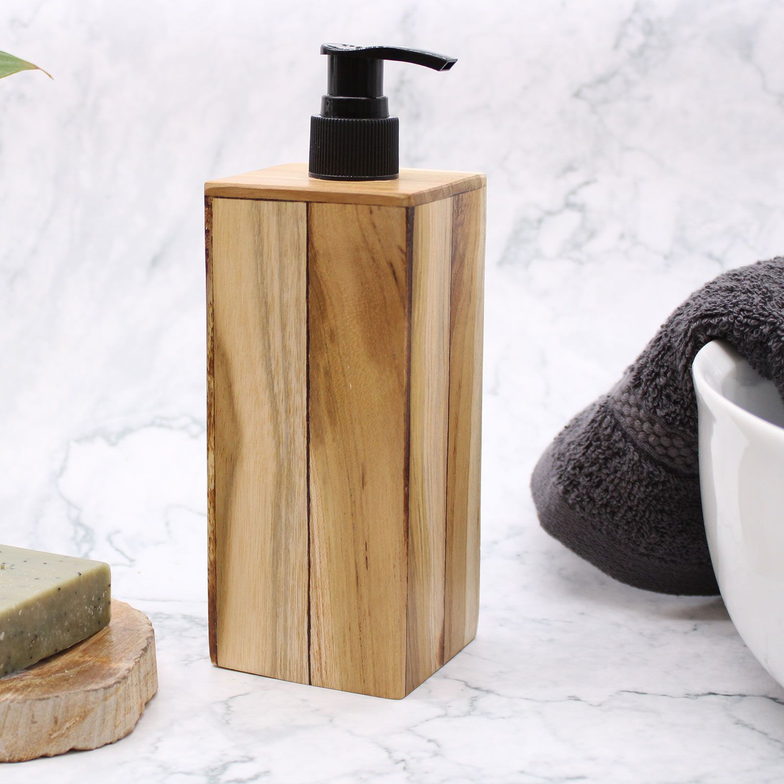 Dispensador de jabón de madera de teca natural - Cuadrado