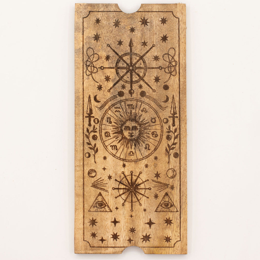 Caja de tarot de cuatro compartimentos con soporte para cartas.