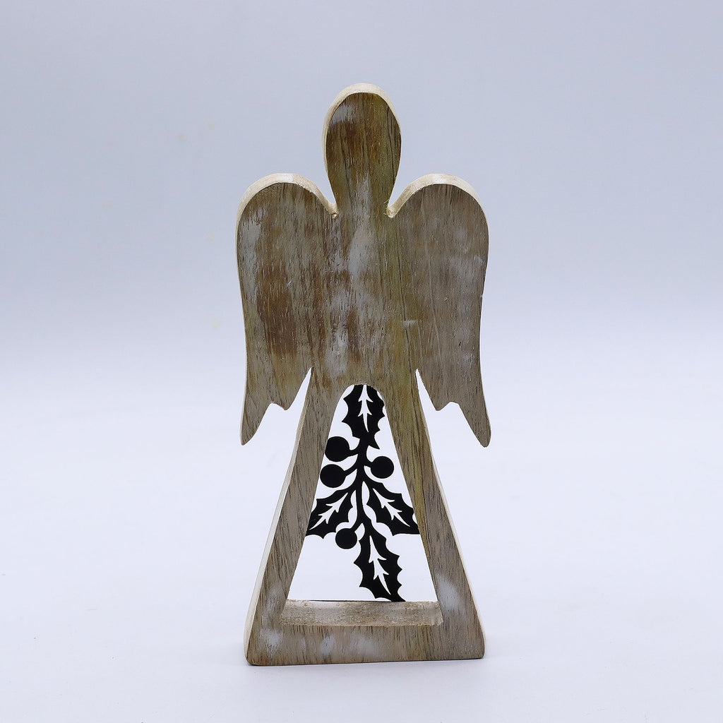 Ángel de madera de mango - acabado lavado blanco con recorte decorativo de hierro