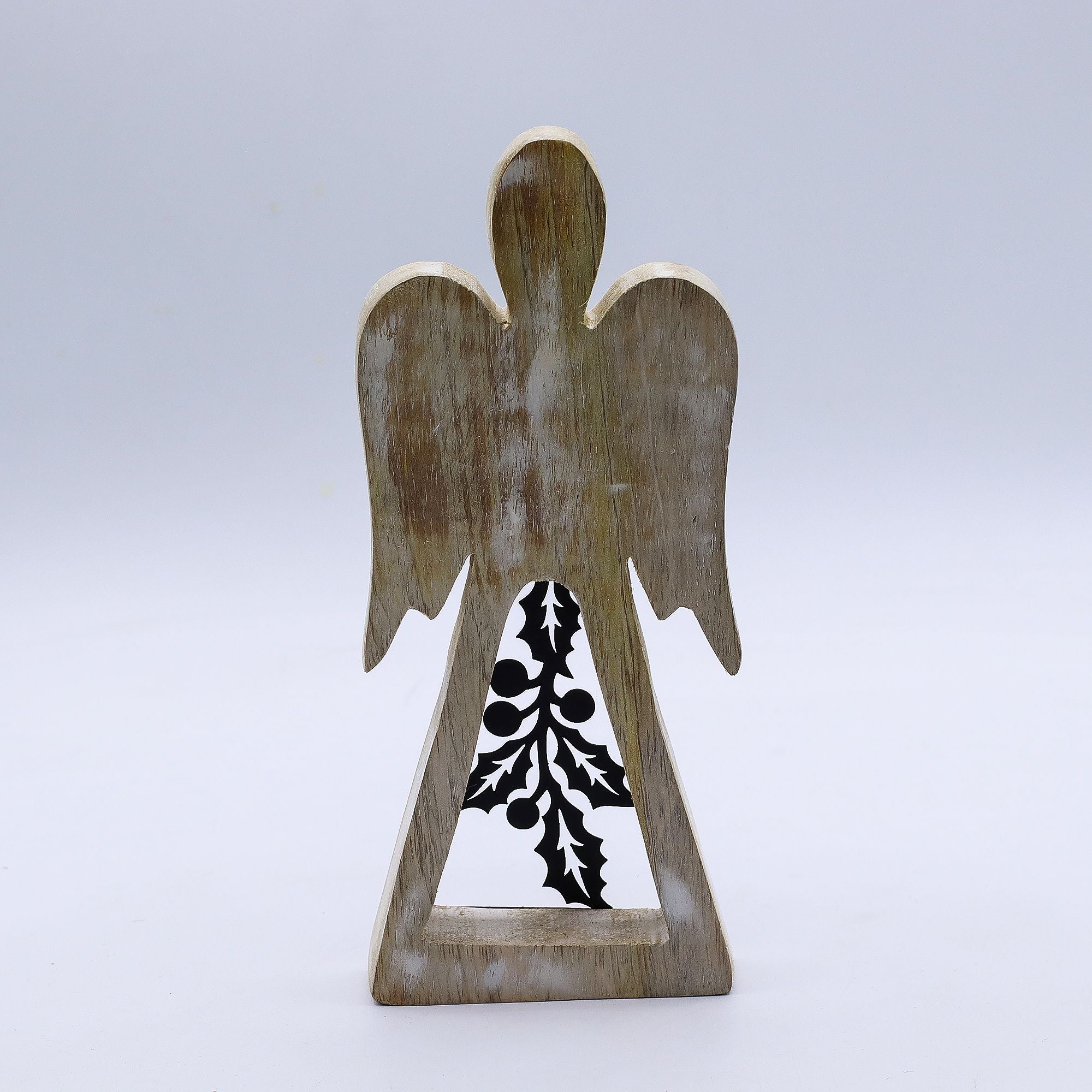 Ángel de madera de mango - acabado lavado blanco con recorte decorativo de hierro