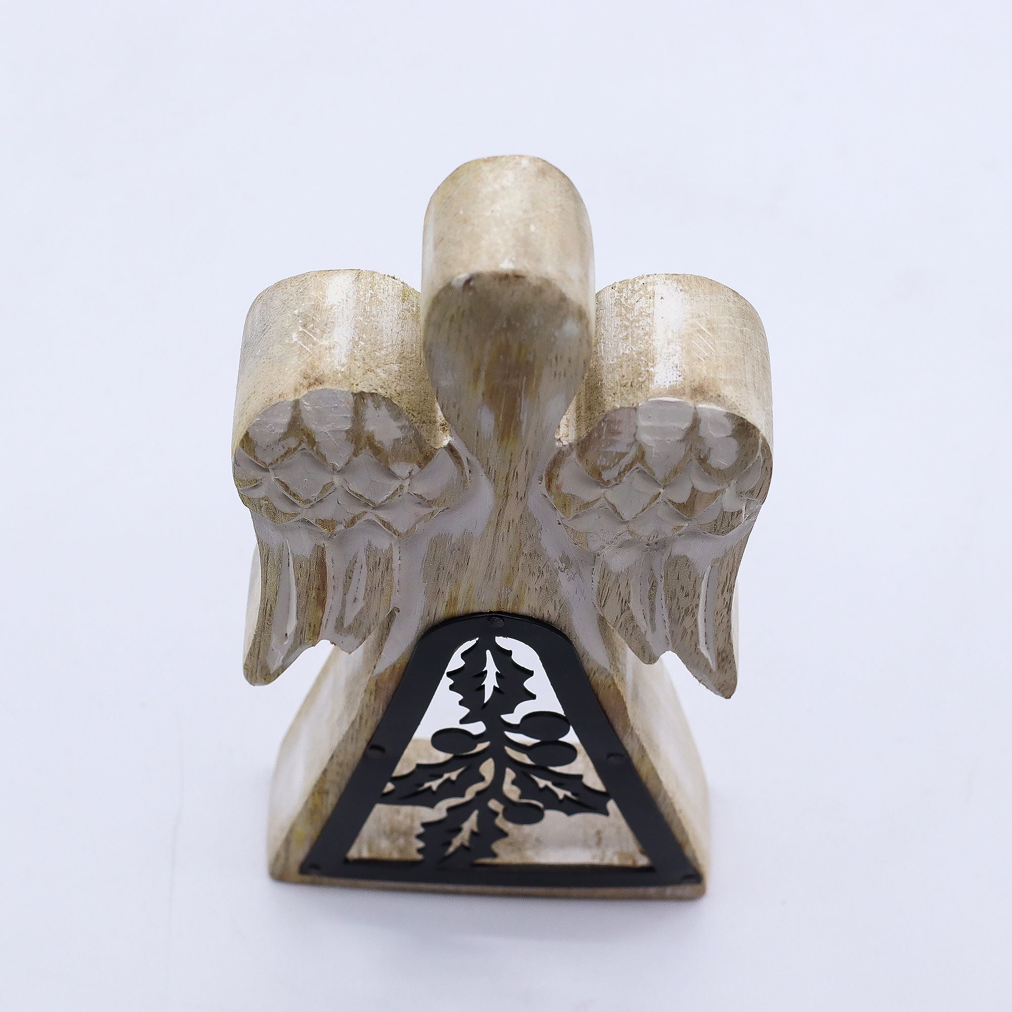 Ángel de madera de mango - acabado lavado blanco con recorte decorativo de hierro
