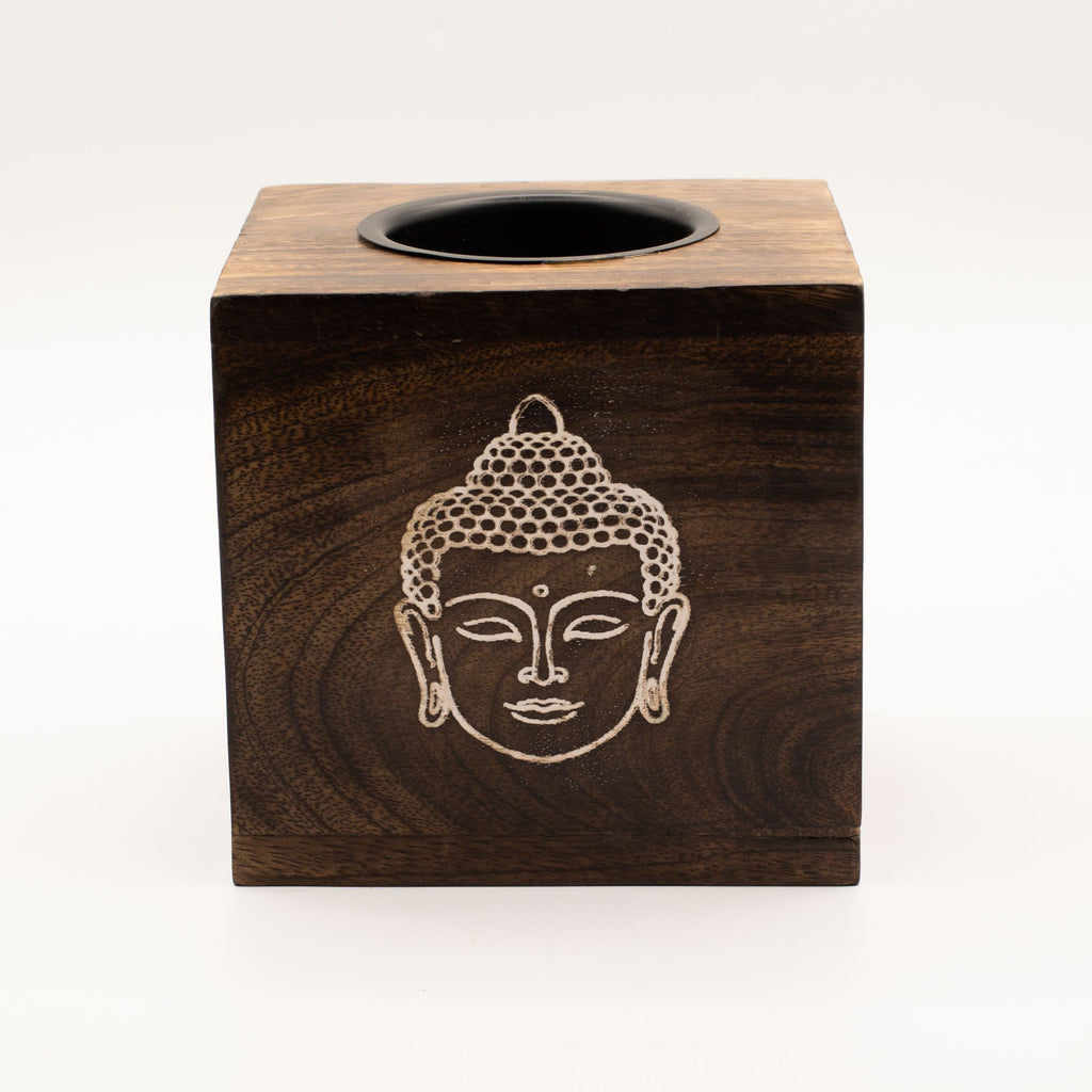 Gran quemador de aceite de madera de mango cuadrado - Cara de Buda