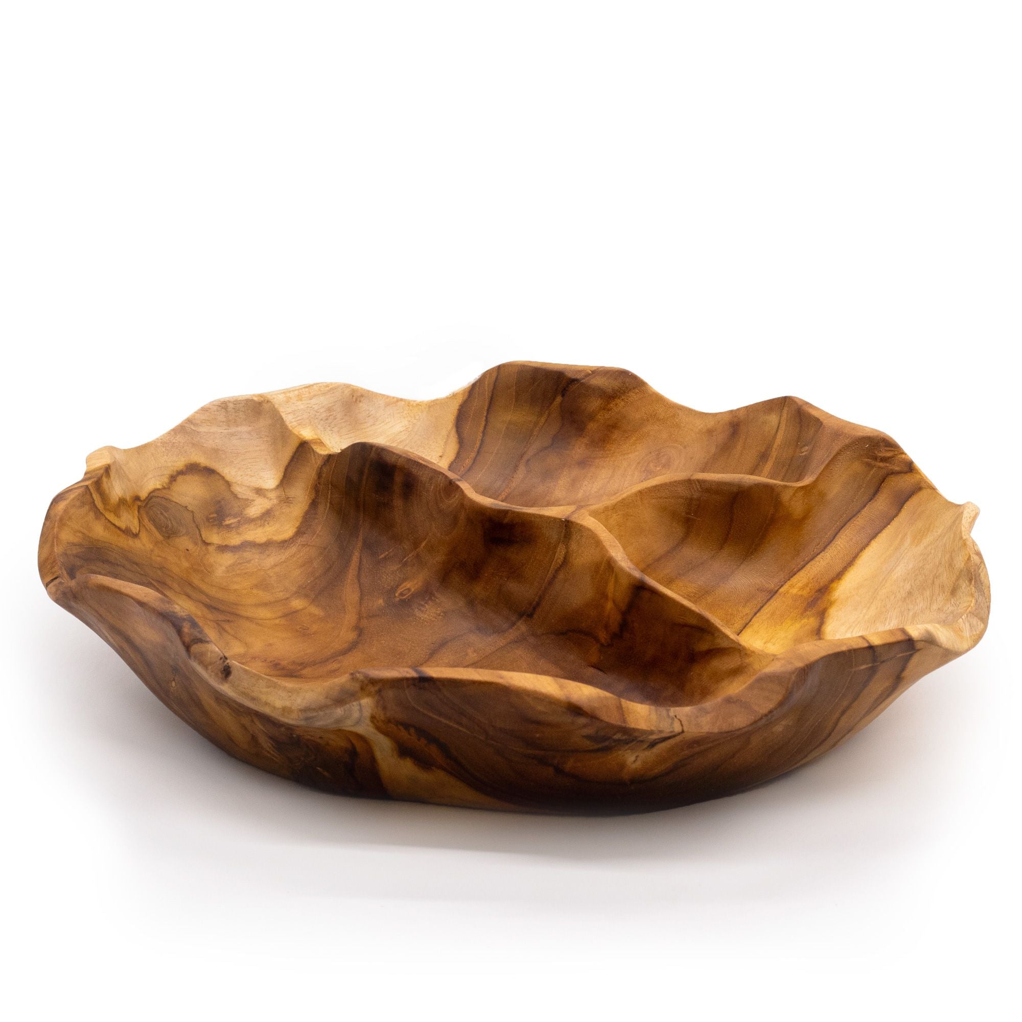 Frutero redondo liso de madera de teca de tres secciones - 30x5.5cm