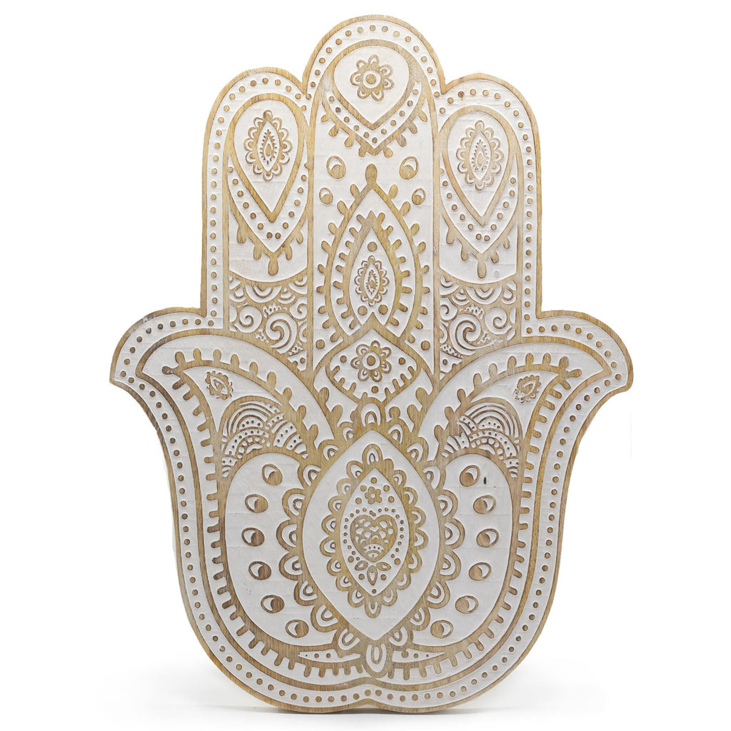 Placa de pared Mano de Hamsa en madera de Mango - Blanco