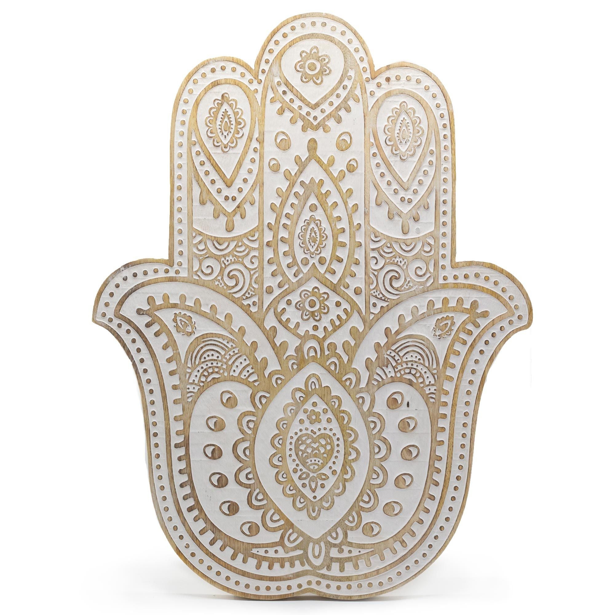 Placa de pared Mano de Hamsa en madera de Mango - Blanco