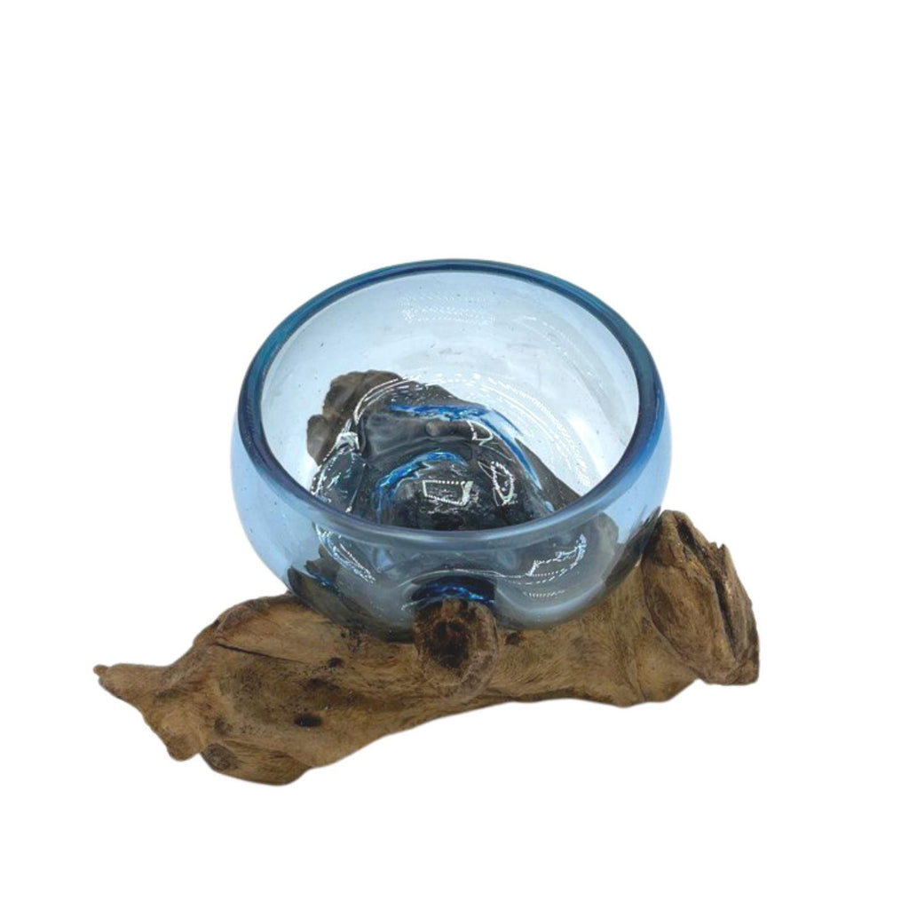 Mini Tazón Azul de Vidrio Fundido sobre Madera