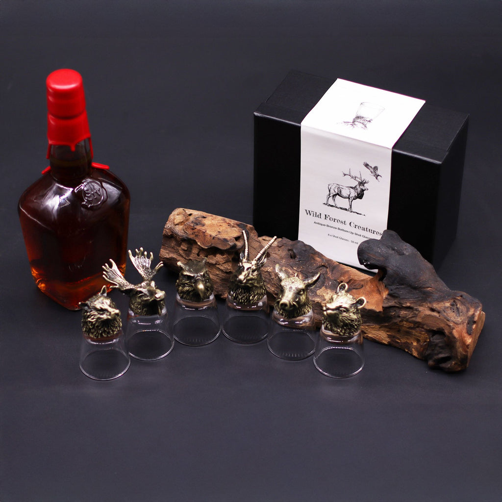 Conjunto regalo de 6 vasos de chupito (50 ml) - Criaturas Salvajes del Bosque - Bronce antiguo