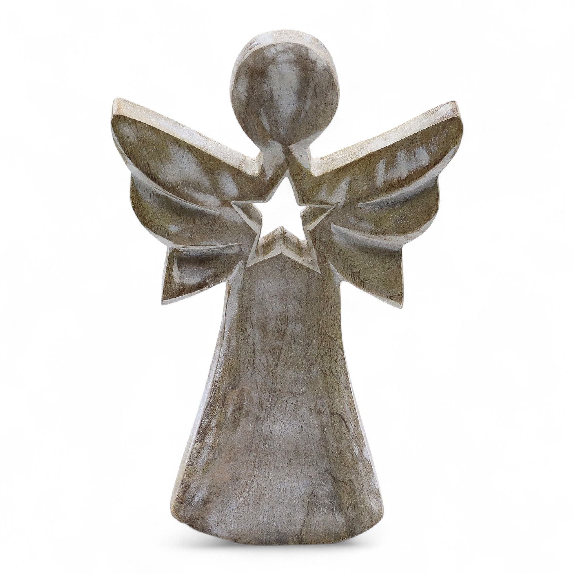 Ángel de madera de mango - blanqueado con recorte de estrella