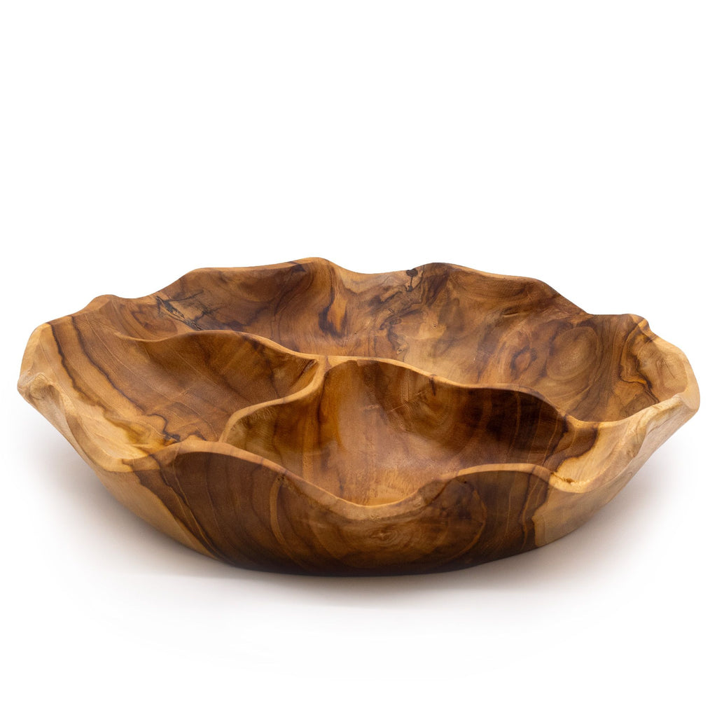 Frutero redondo liso de madera de teca de tres secciones - 30x5.5cm