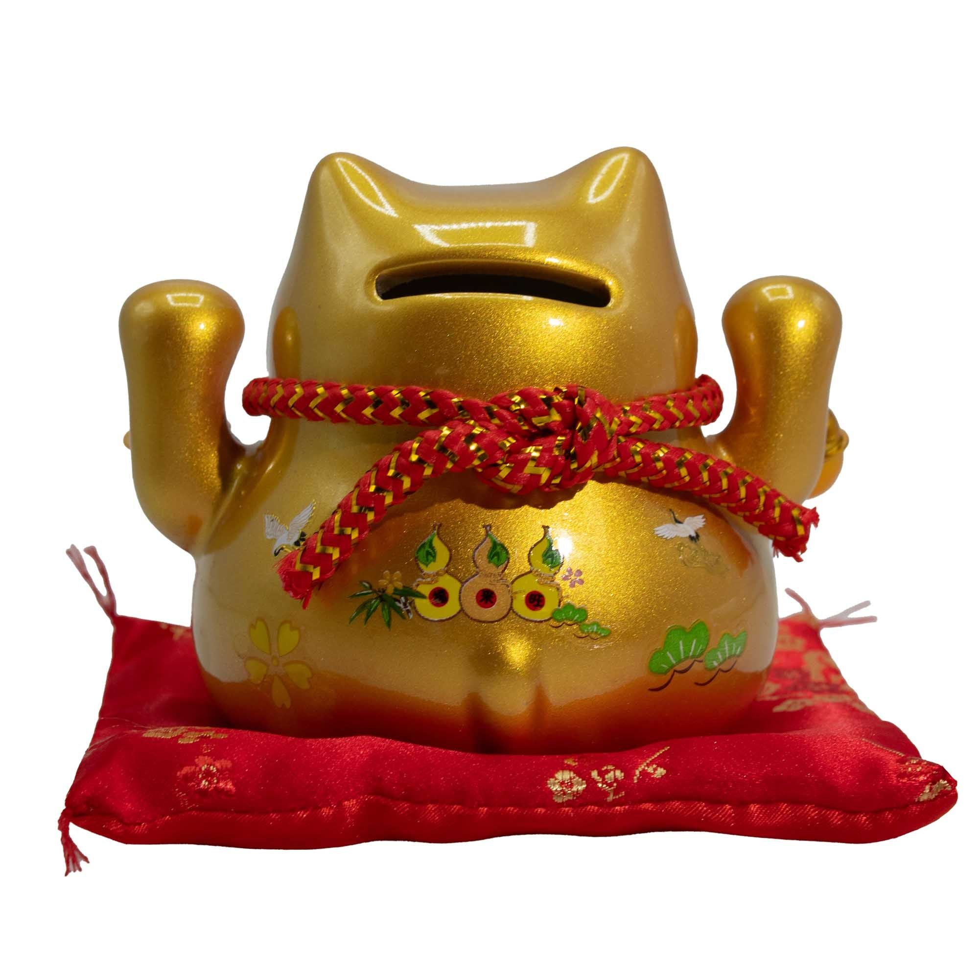 Hucha de cerámica con Gato de la Suerte - Dorado sobre cojín