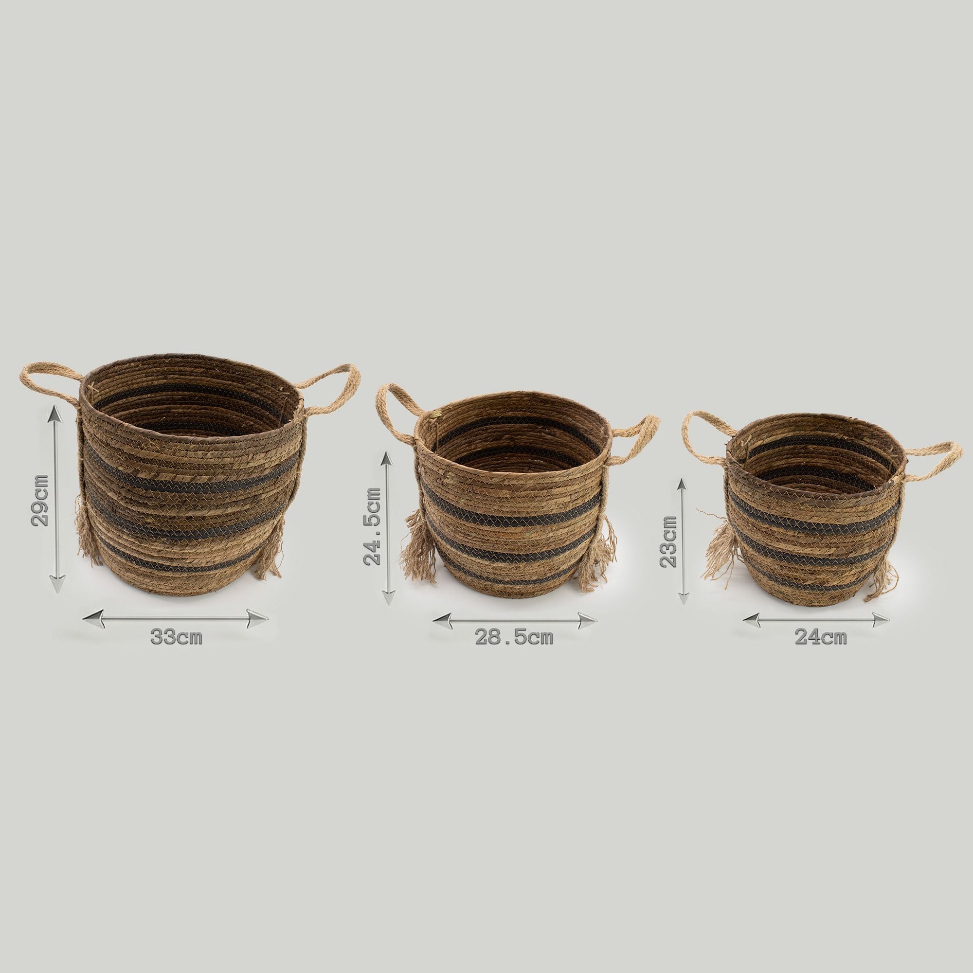 Cestas grandes de hoja de plátano y pasto marino - marrón natural - set de 3