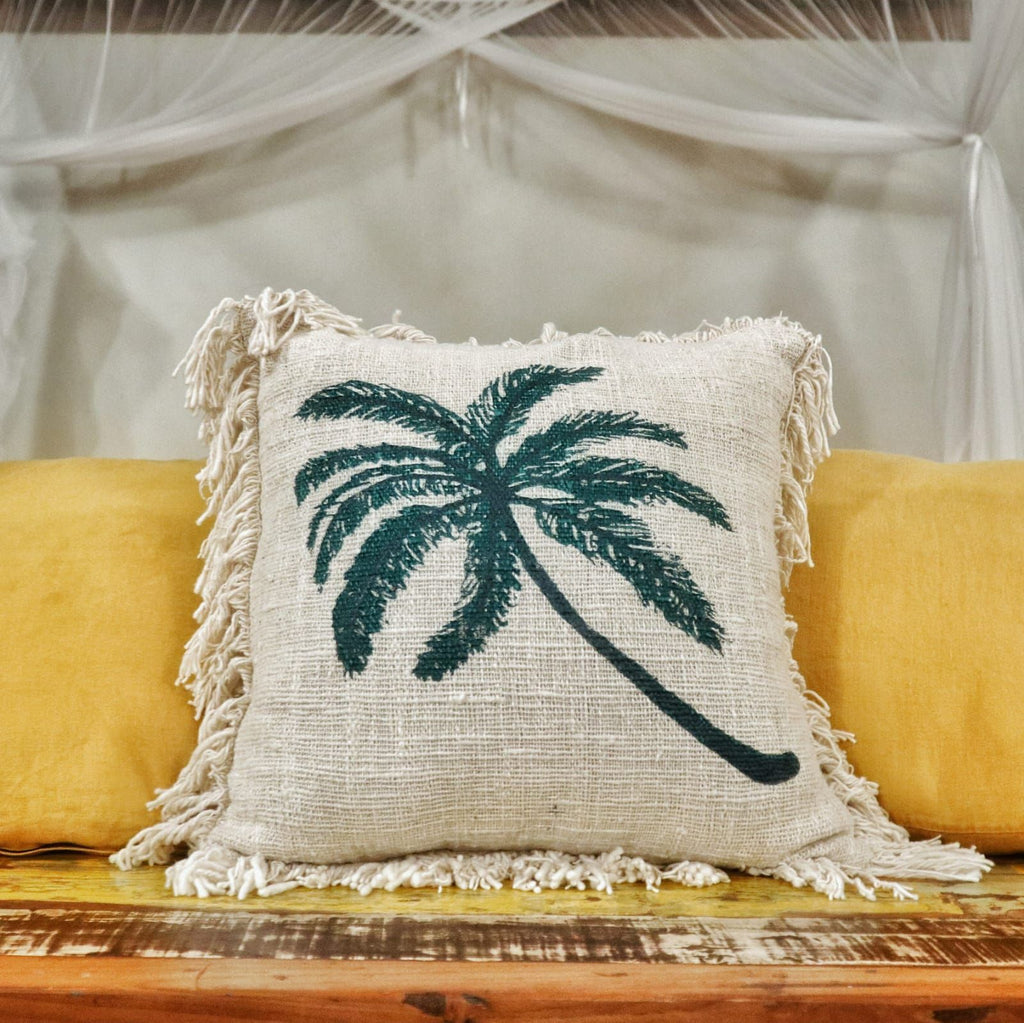 Funda de Cojín de Lino 45x45 Palmera con Flecos