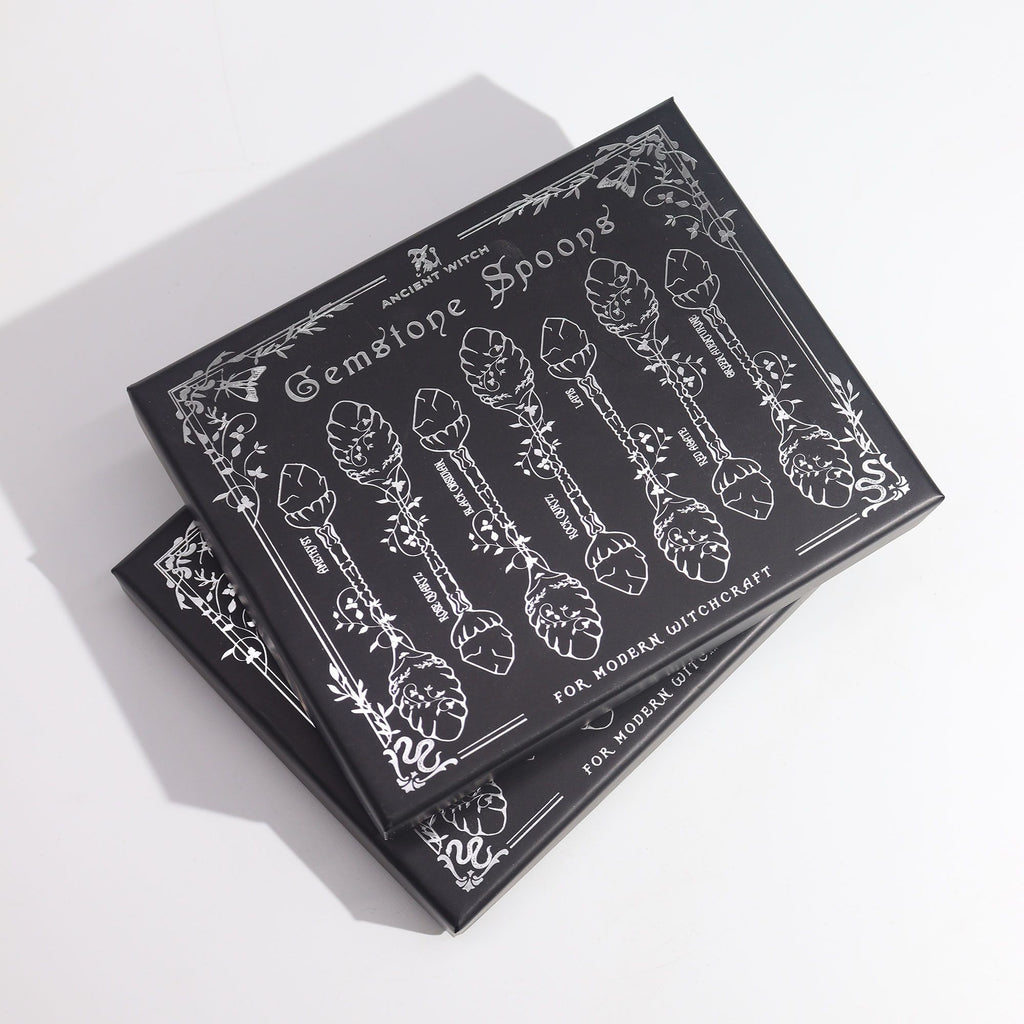 Juego de 7 Cucharas de Bruja de Cristal de Piedra Preciosa de Plata Oscura
