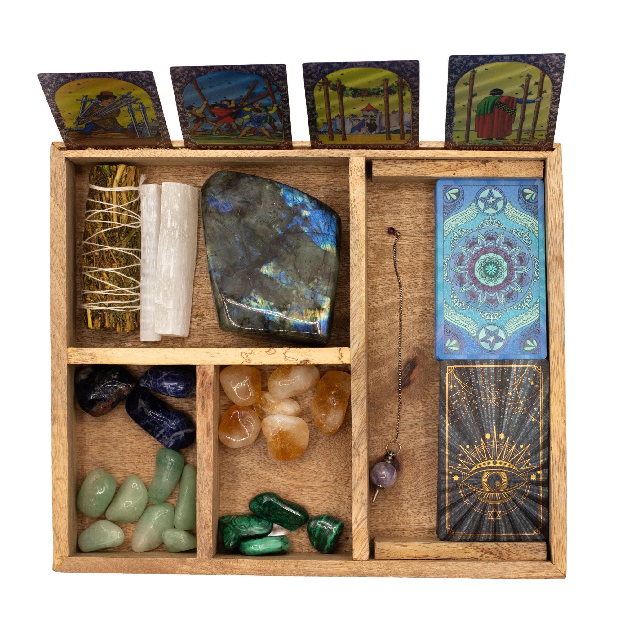 Caja de tarot de cuatro compartimentos con soporte para cartas
