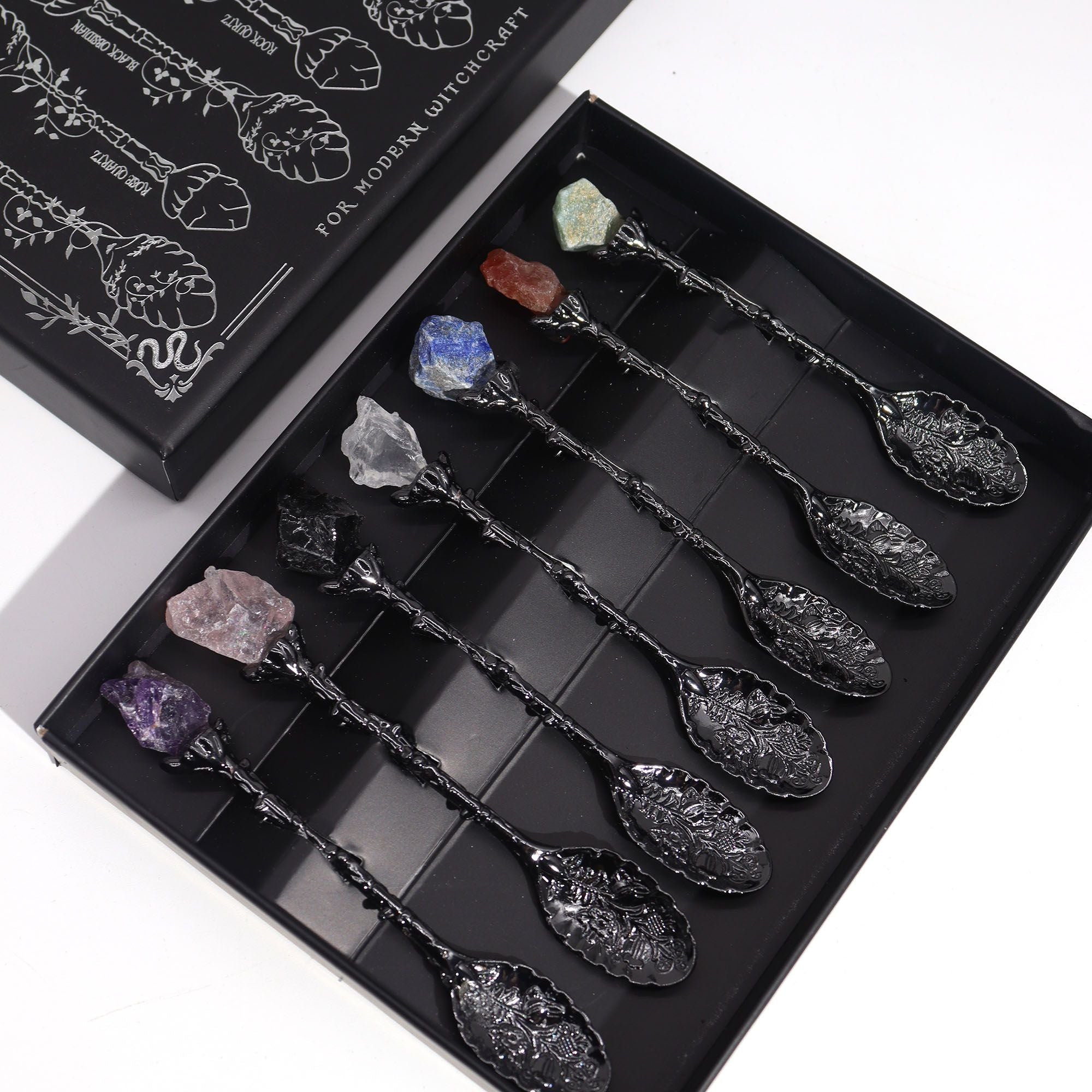Juego de 7 Cucharas de Bruja de Cristal de Piedra Preciosa de Plata Oscura