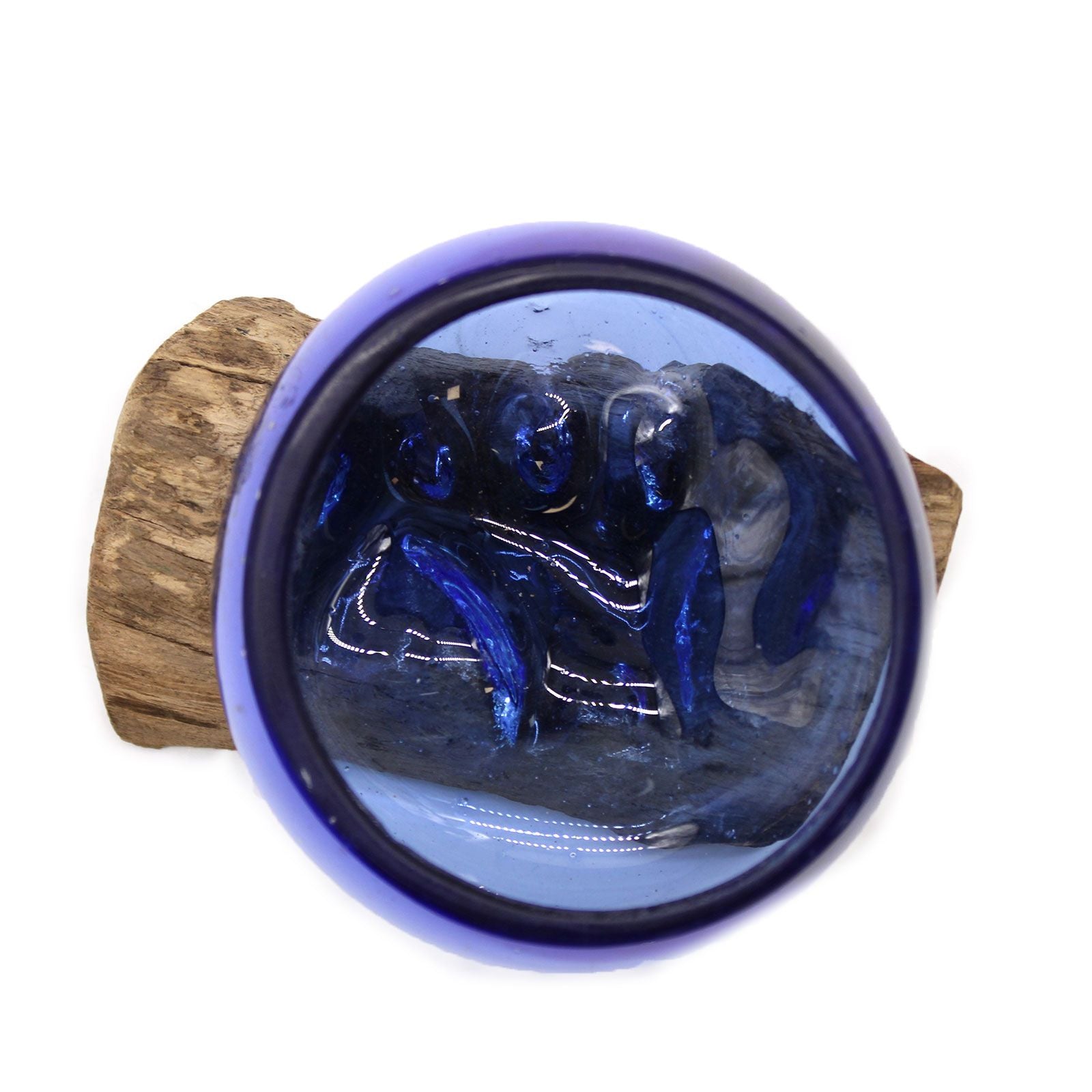 Mini Tazón Azul de Vidrio Fundido sobre Madera