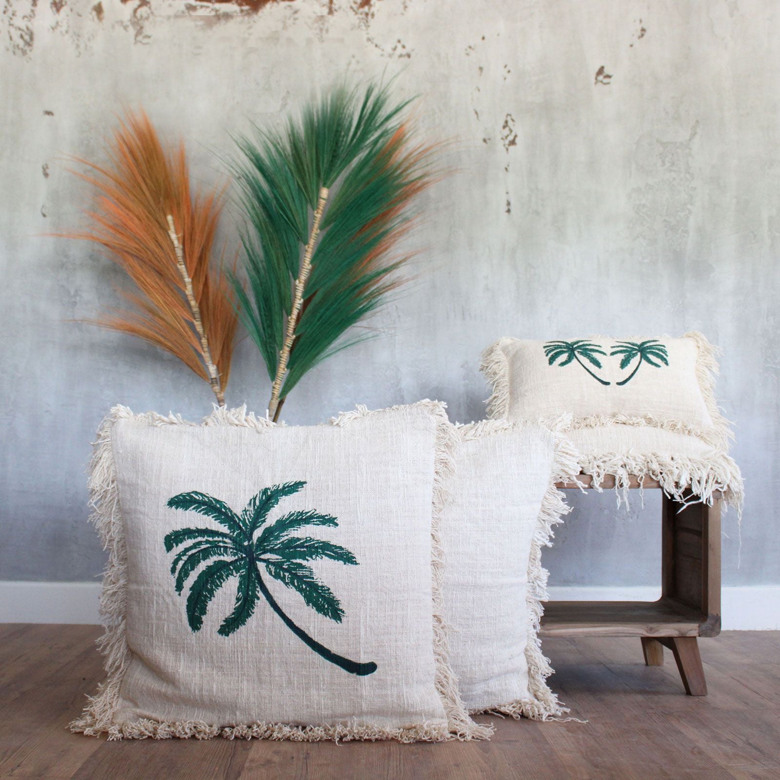Funda de Cojín de Lino 45x45 Palmera con Flecos