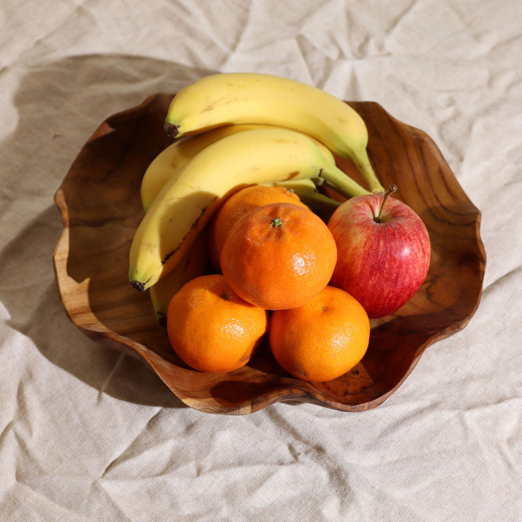 Frutero redondo liso de madera de teca - 28x5.5cm