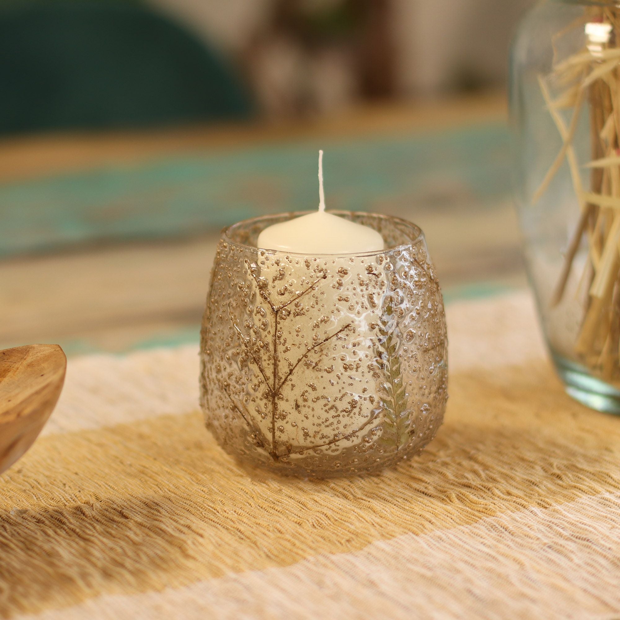 Portavelas recto de Vidrio floral natural - Pino (10x9cm)