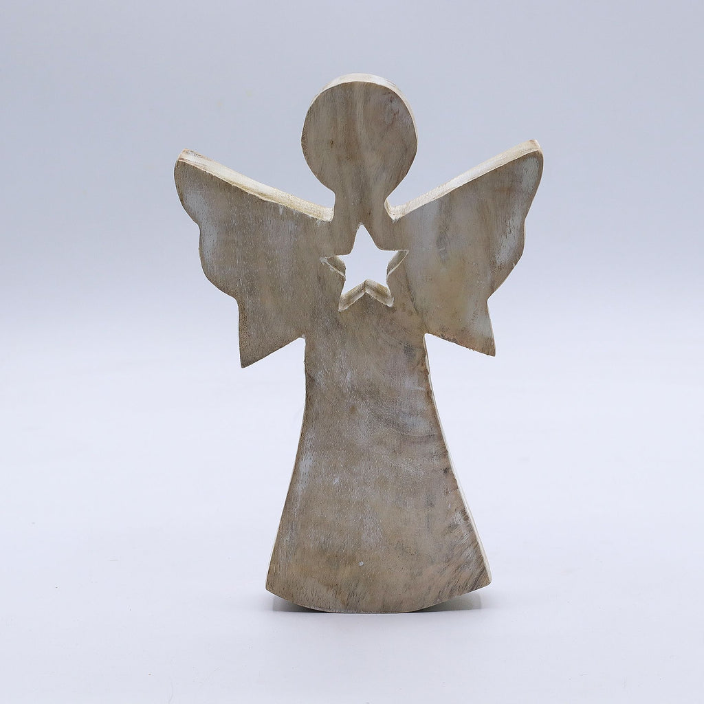 Ángel de madera de mango - blanqueado con recorte de estrella