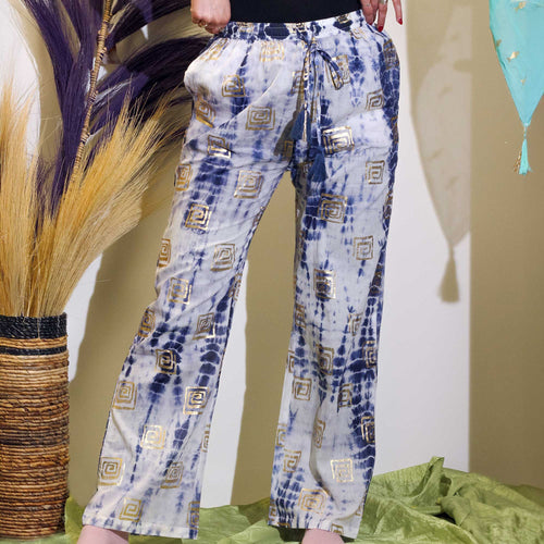 (LXL) Nomad Sari On the Med Collection - Lounge Pants - Gold & Blue Greek Motif - Handpainted