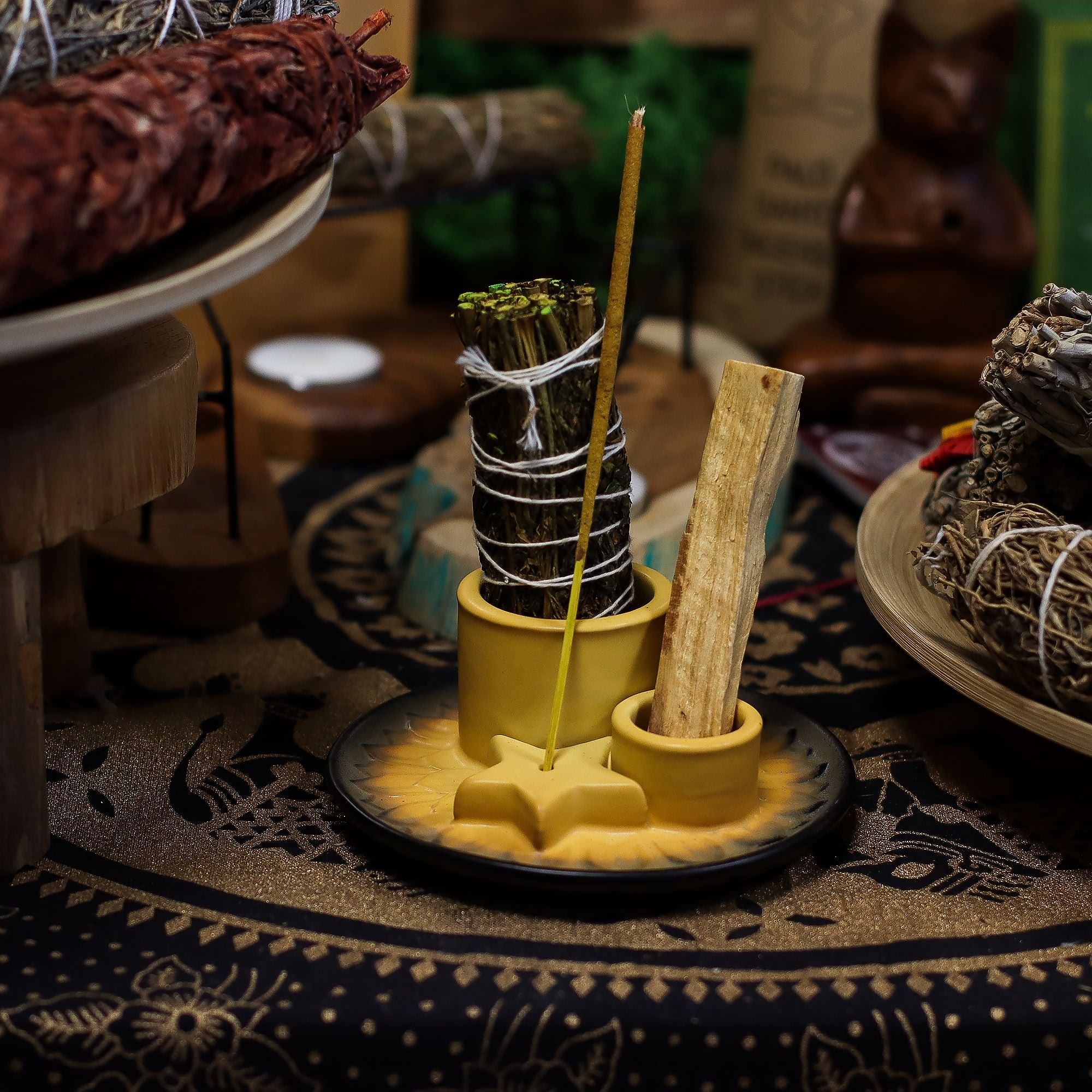 Soporte cerámico para Palo Santo e Incienso - Mandala - Arena y Gris