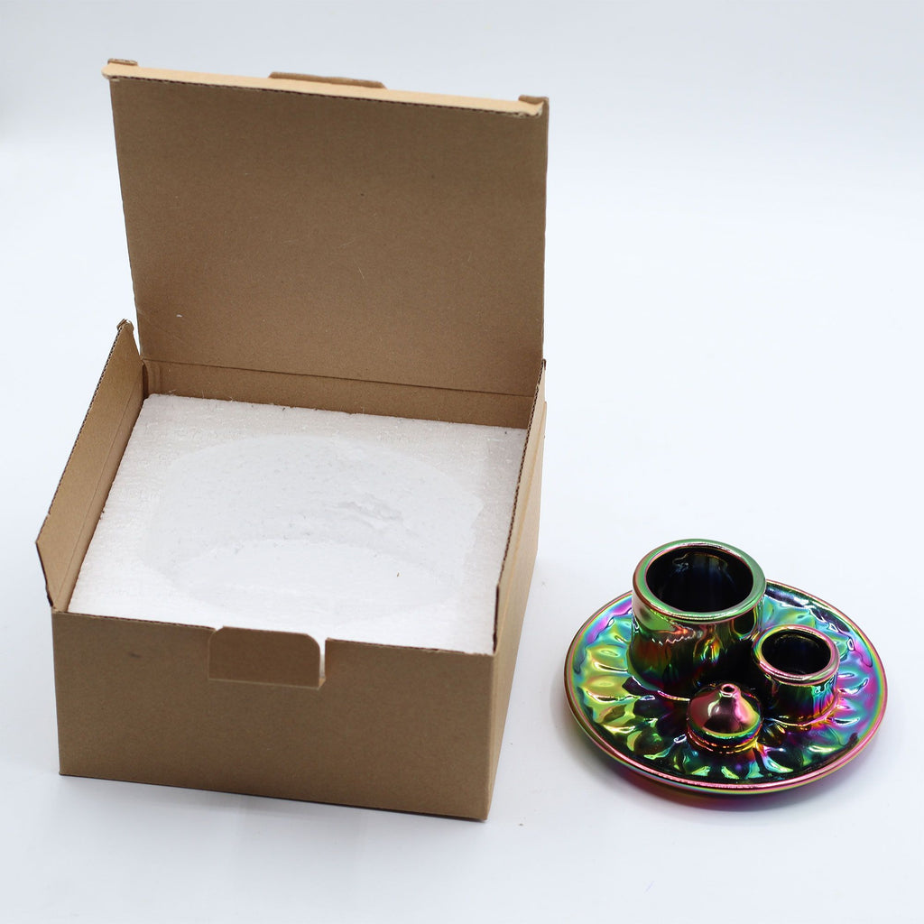 Soporte cerámico para Palo Santo e Incienso - Mandala - Arcoíris Metálico