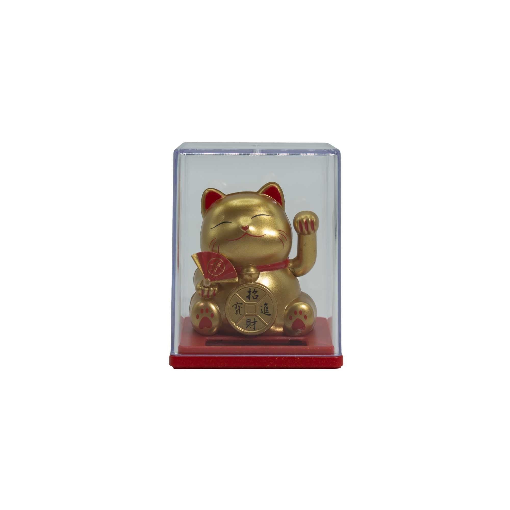 Mini gato de la fortuna con energía solar en una caja - Dorado
