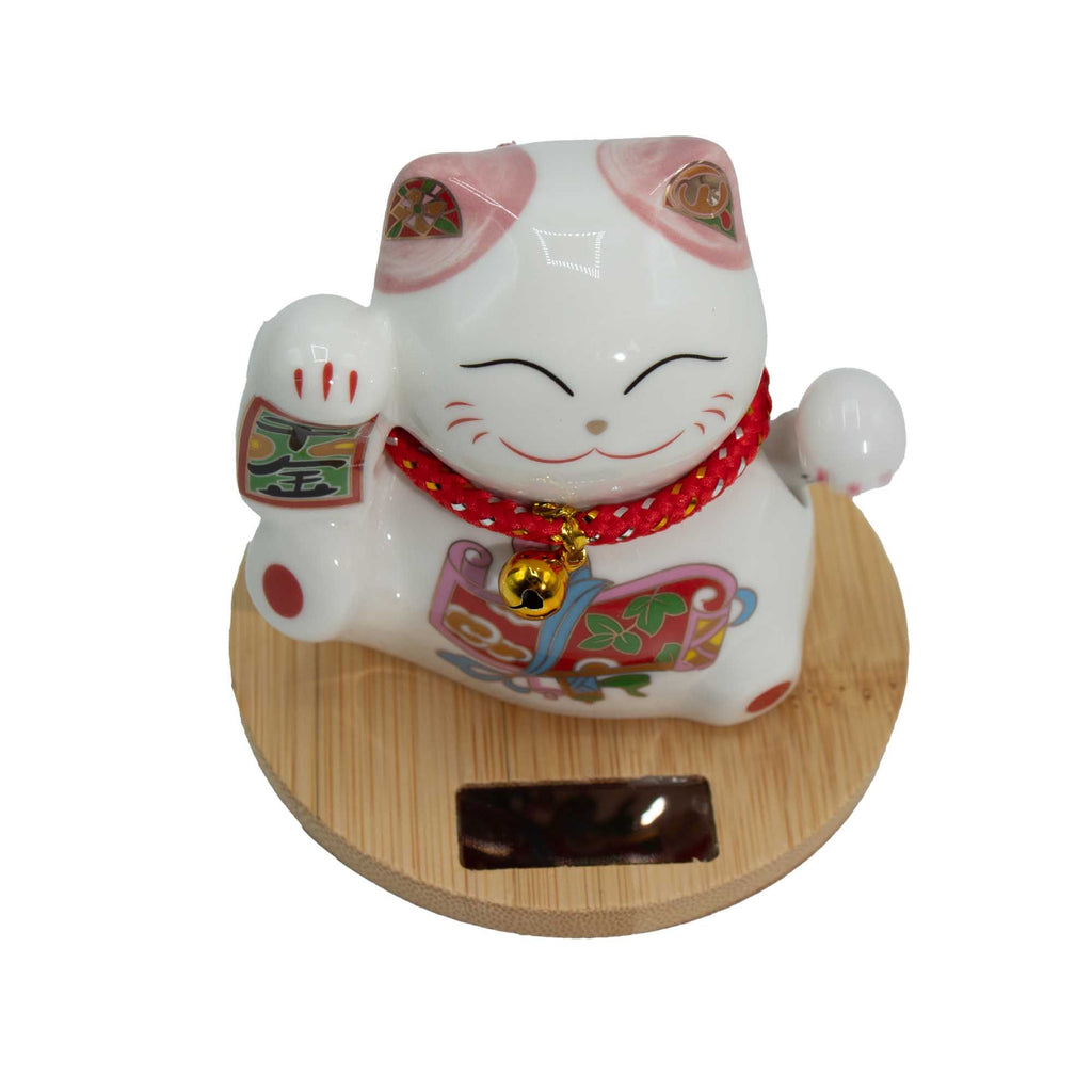 Gato de la Fortuna solar con base de madera - Mano móvil rosa