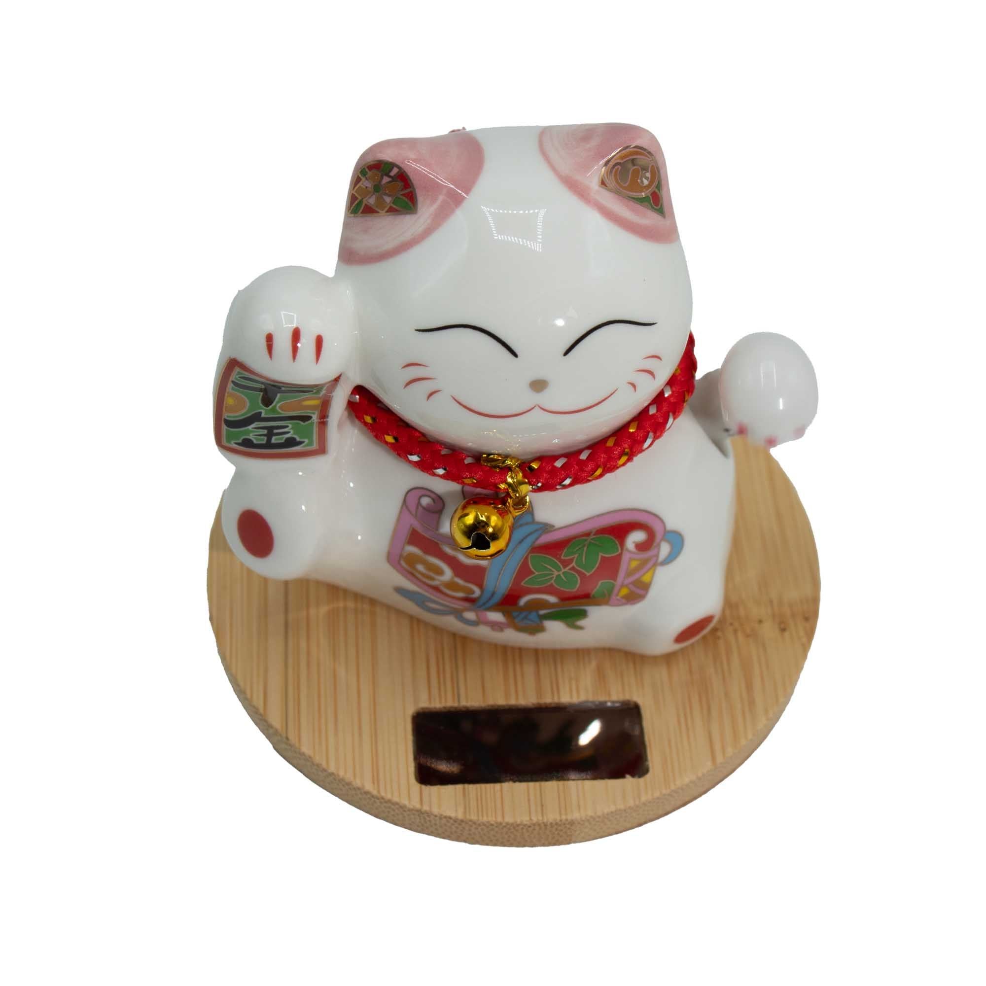 Gato de la Fortuna solar con base de madera - Mano móvil rosa