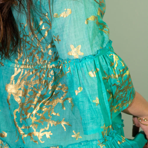 (LXL) Nomad Sari On the Med Collection - Dress - Turquoise & Gold Coral Design