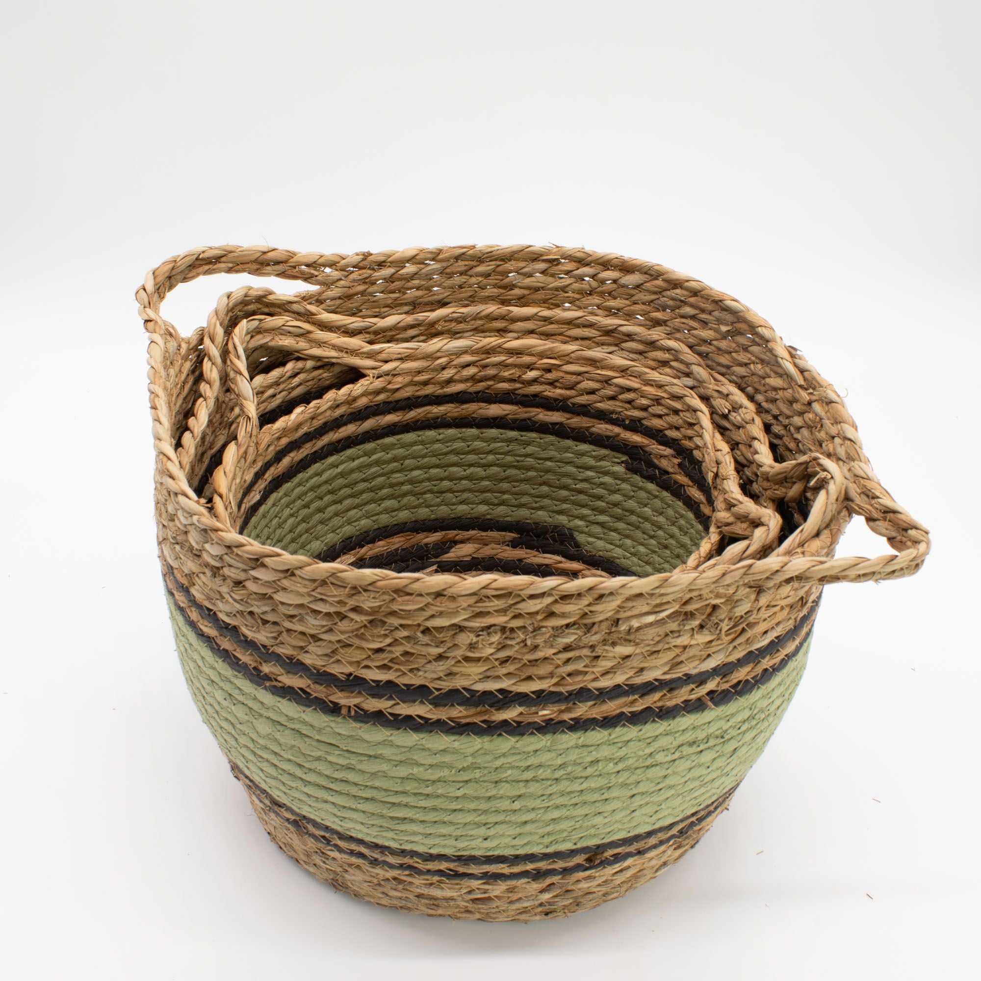 Cestas grandes de algodón y pasto marino - natural, negro y verde - juego de 3