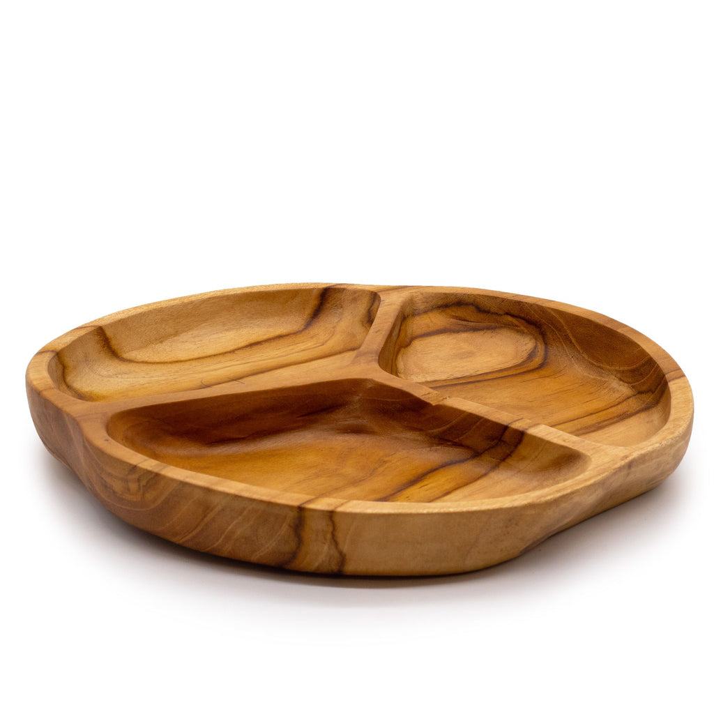 Frutero de madera de teca lisa de tres secciones - 30x4cm