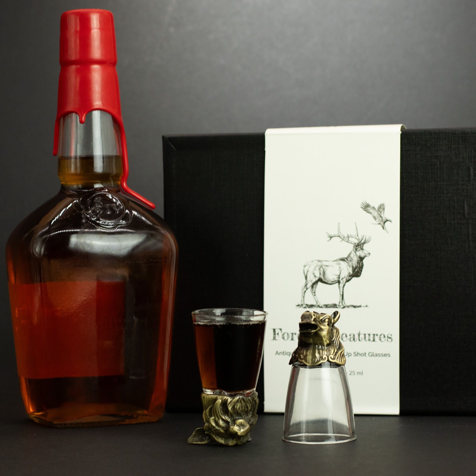 Conjunto de regalo de 12 vasos de chupito Bottom Up (25ml) - Bosque y Criaturas Místicas - Bronce Antiguo