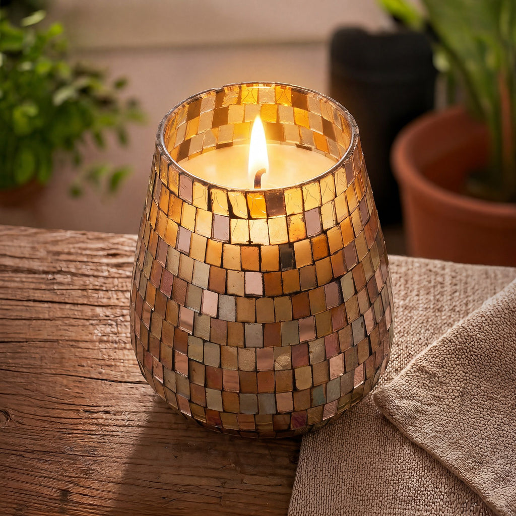 Velas en tarro de vidrio alto - mosaico ámbar