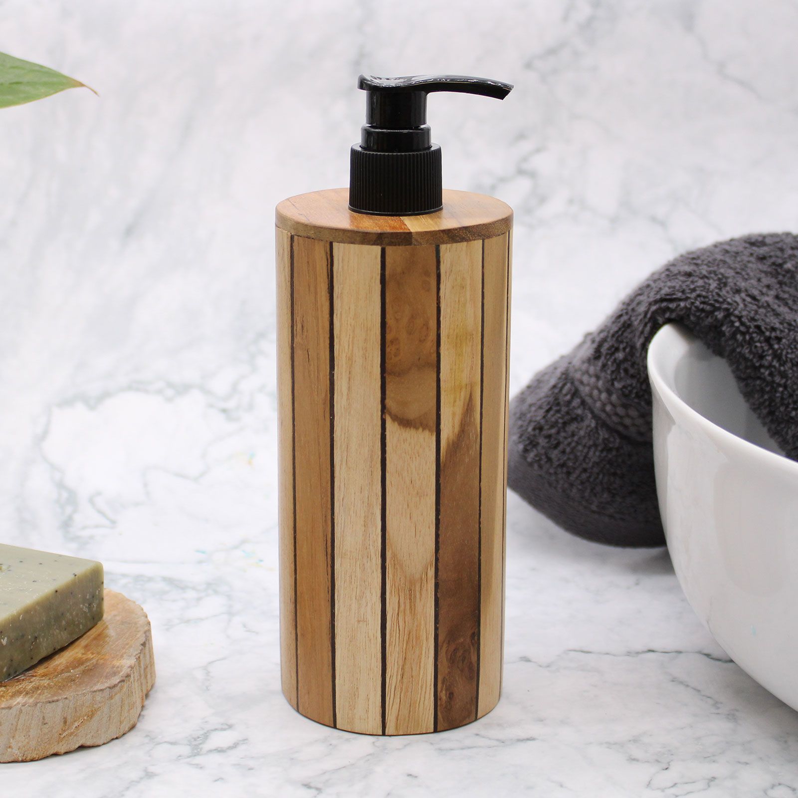 Dispensador de jabón de madera de teca natural - Redondo