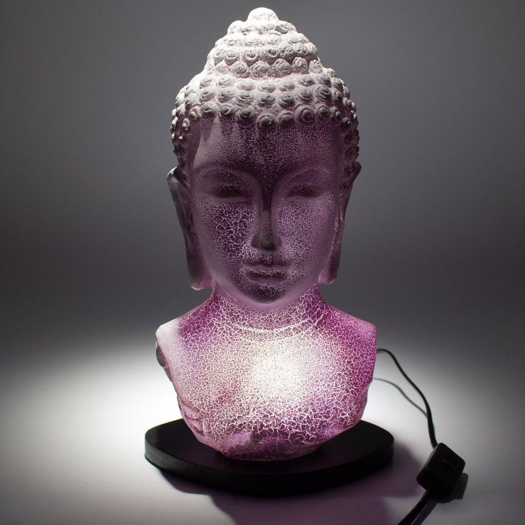 Lámpara con busto de Buda, acabado lavanda craquelado - soporte oval