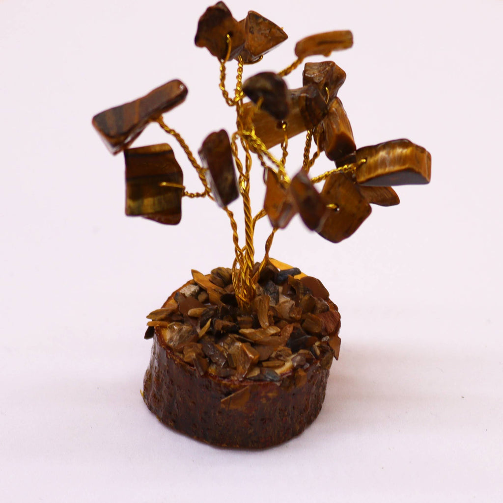 Mini árbol de piedras preciosas sobre base de madera - Ojo de tigre (15 piedras)