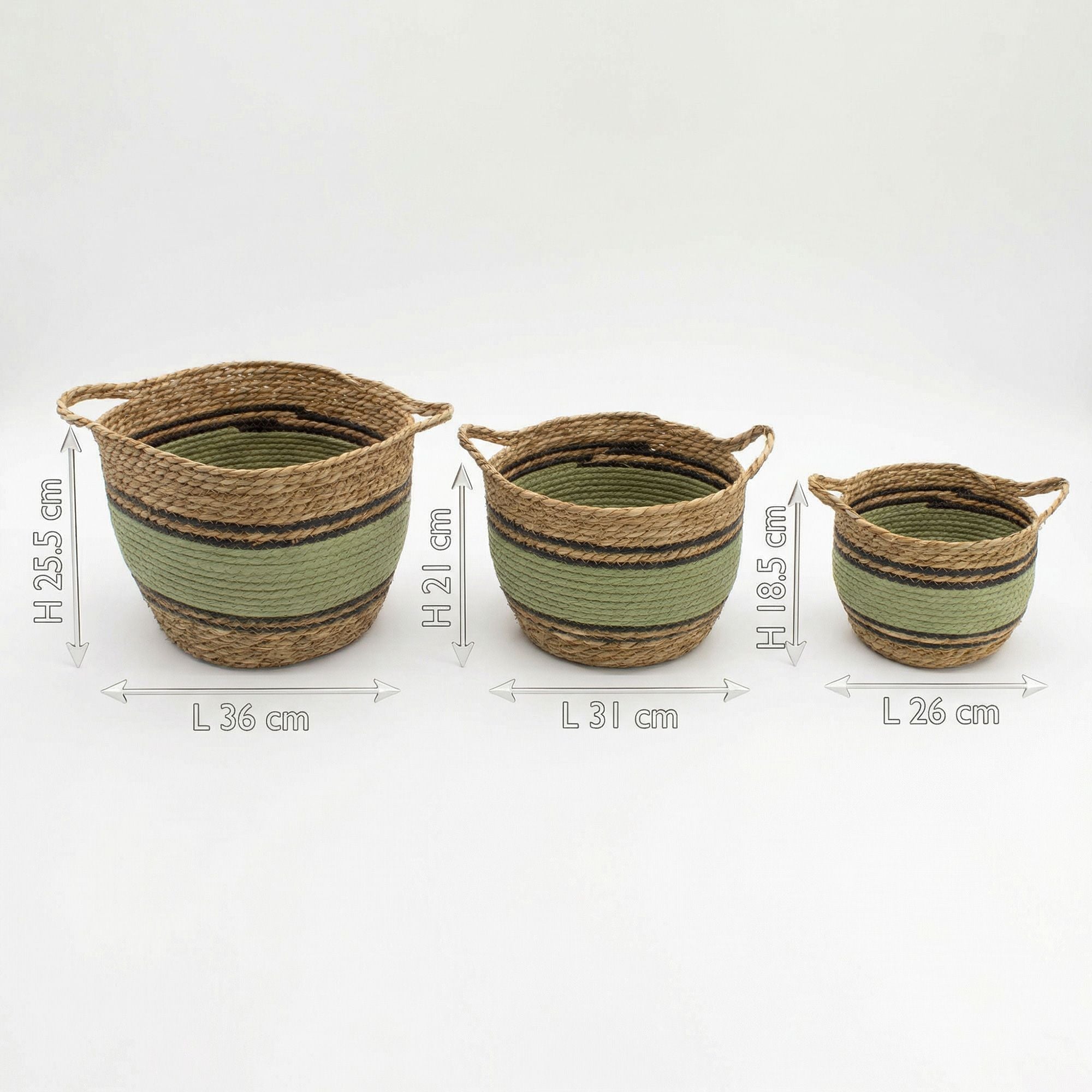 Cestas grandes de algodón y pasto marino - natural, negro y verde - juego de 3