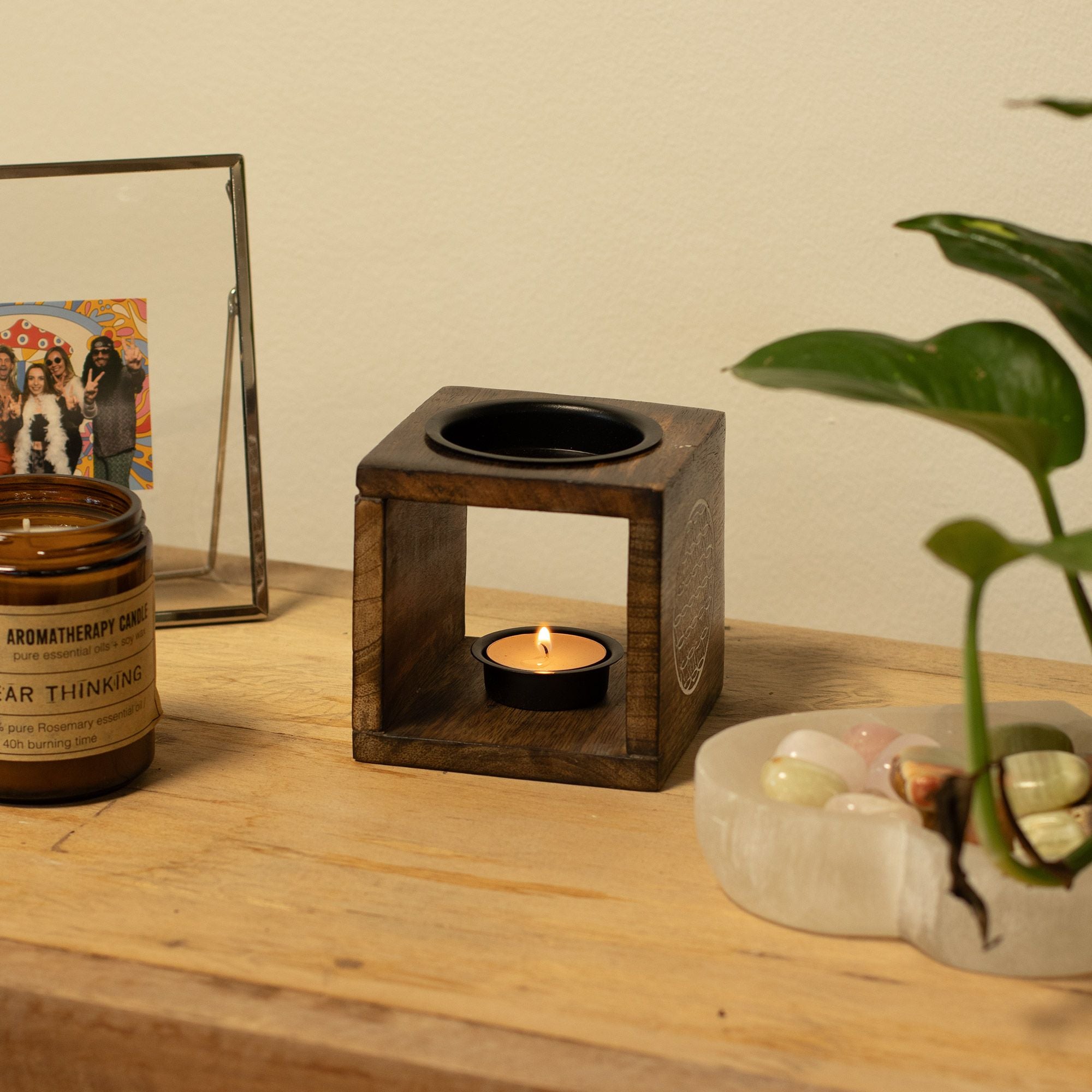 Gran quemador de aceite de madera de mango cuadrado - Cara de Buda