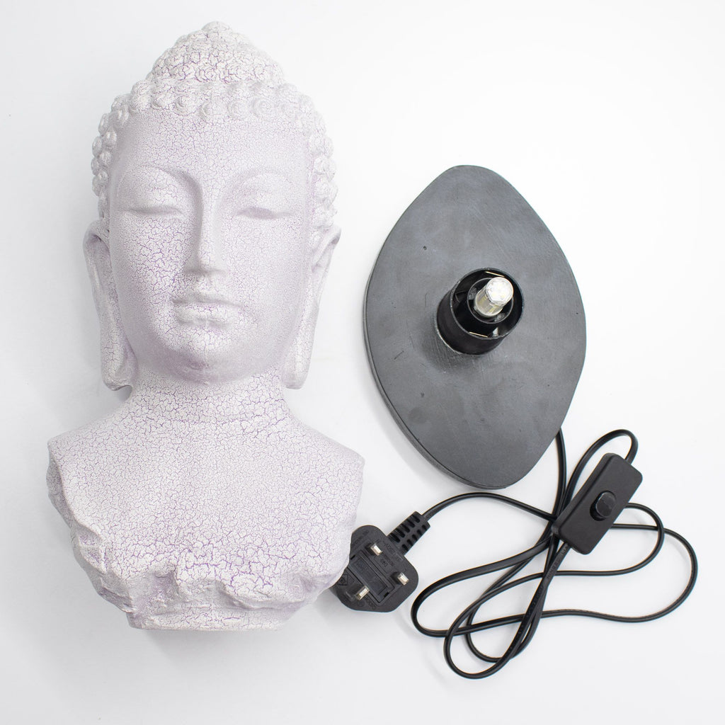 Lámpara con busto de Buda, acabado lavanda craquelado - soporte oval