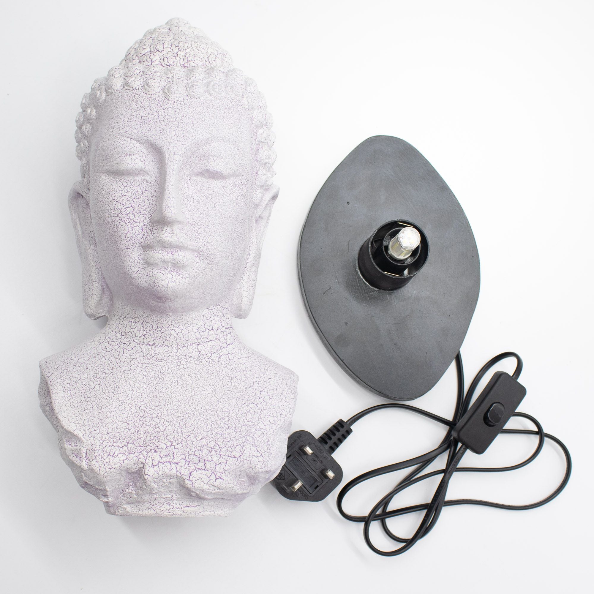 Lámpara con busto de Buda, acabado lavanda craquelado - soporte oval