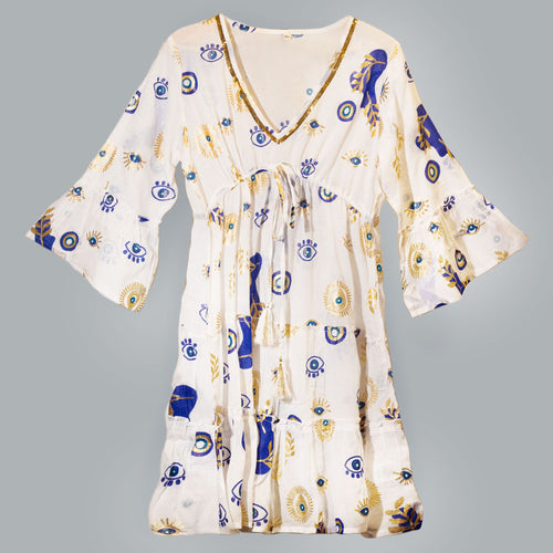 (LXL) Nomad Sari On the Med Collection - Dress - White, Blue & Gold Evil Eye Design