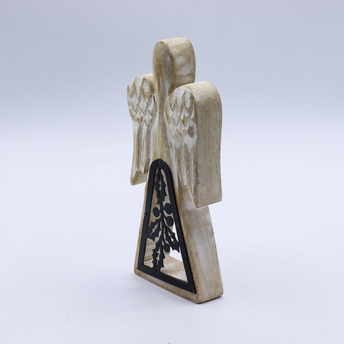Ángel de madera de mango - acabado lavado blanco con recorte decorativo de hierro