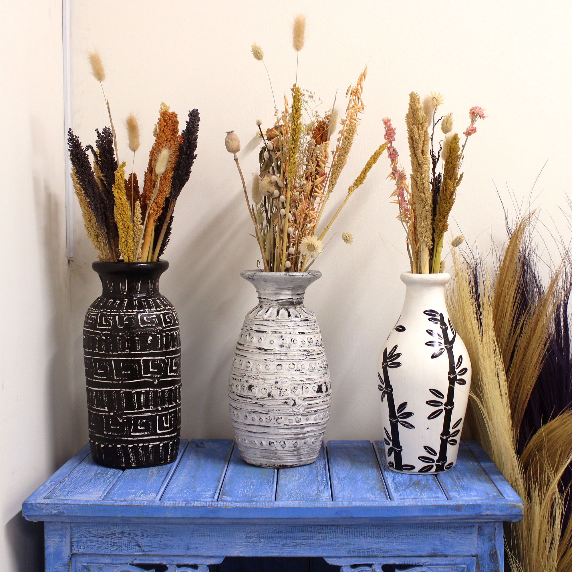 Jarrón de Cerámica con Motivo de Bambú - Natural