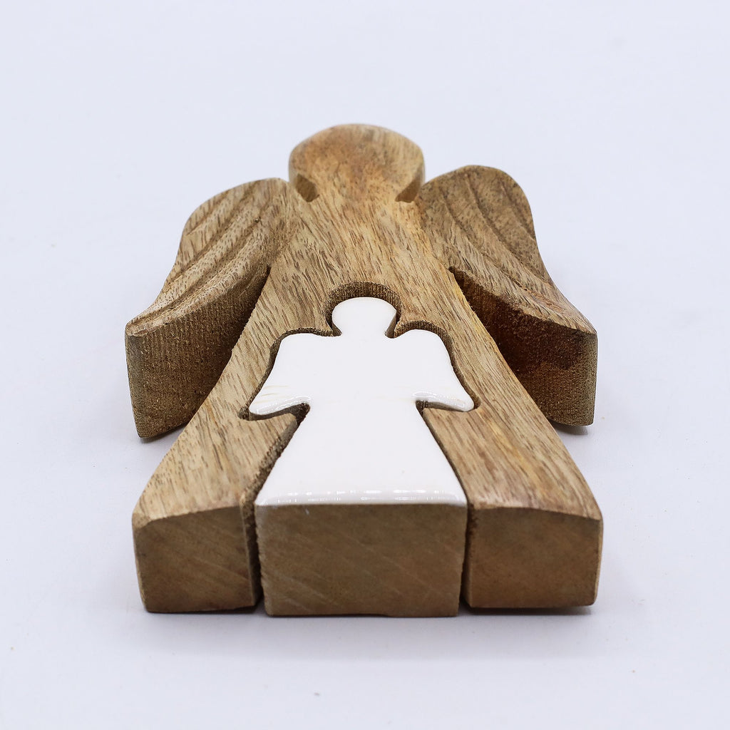 Ángel de Madera de Mango dentro de Ángel - Esmalte Blanco - 15 cm