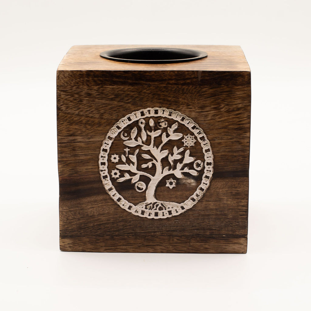 Gran quemador de aceite de madera de mango cuadrado - Árbol de la Vida