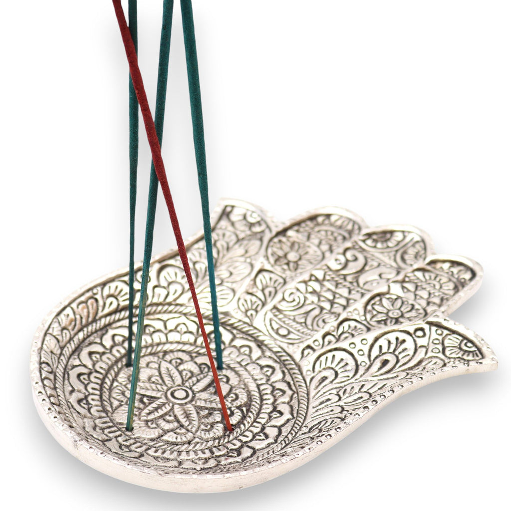 Porta-incienso Hamsa de Aluminio Pulido 18x13cm